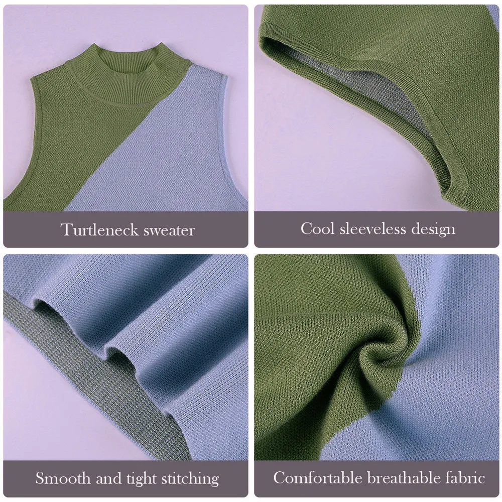 

Y2K Knit Bodycon Dress Women Sleeveless 2021 Summer Beach Turtleneck Print Patchwork Sexy Party Mini Dresses 90S Holiday