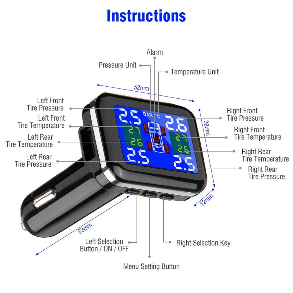 

Car Tire Pressure Monitor System Wireless Real-time LCD Display Alarm with 4pcs External Sensor M8617