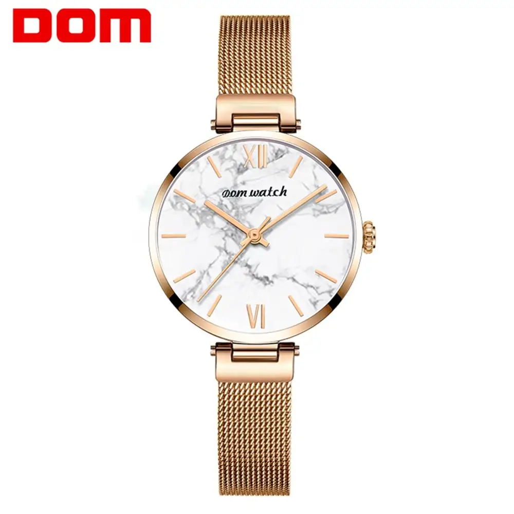 Часы DOM Женские Кварцевые водонепроницаемые из нержавеющей стали с мраморным