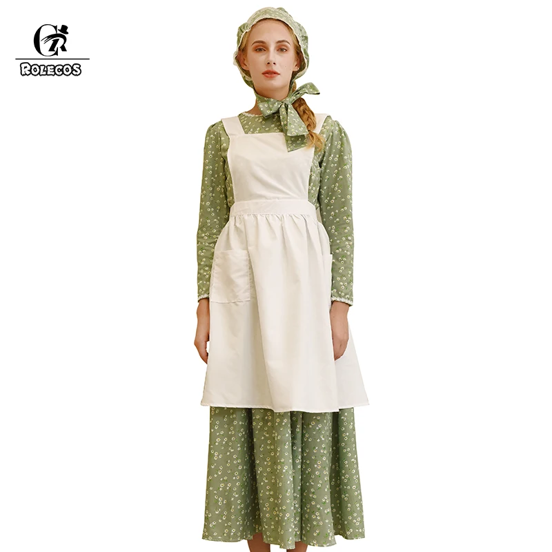 ROLECOS Оригинальное Зеленое Длинное Хлопковое платье в стиле ретро средневековой