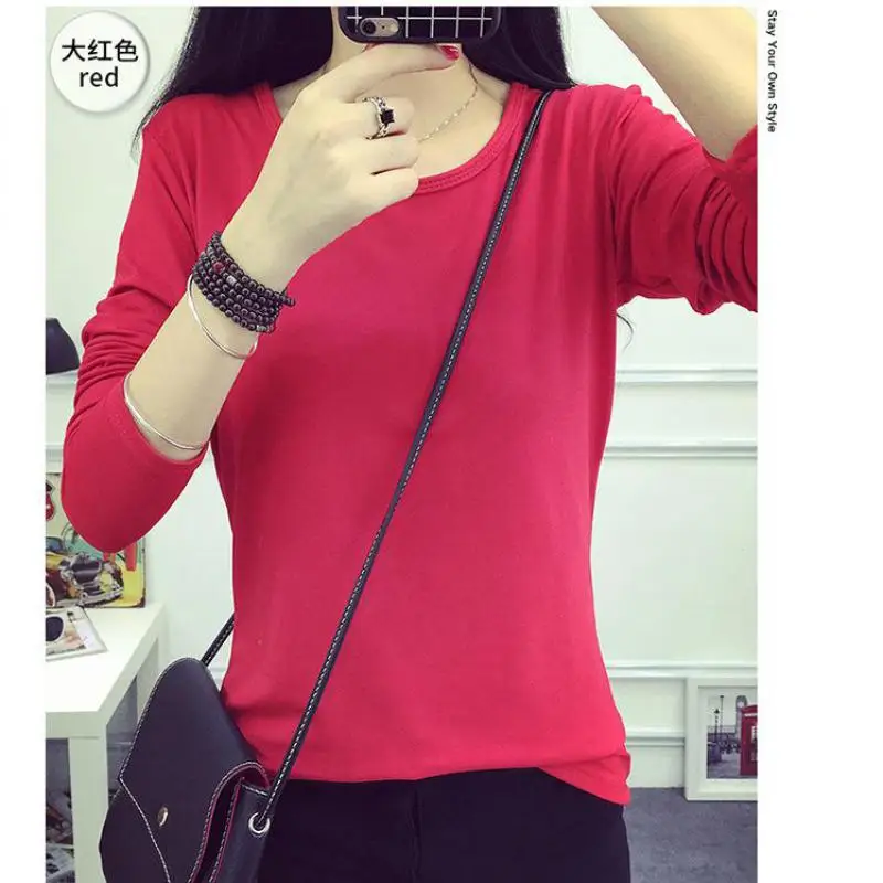 

Spring O Neck Tee T-Shirt Plain T Polyester Elastic Female Casual Tees Pullover Women'S Long Sexy Shirt Pullovers Tops