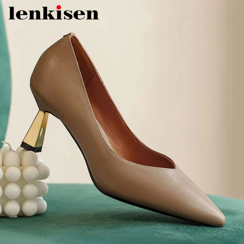 

Lenkisen evening party sexy full grain leather shallow pointed toe thin high heel slip on charming fashion noble women pumps L92