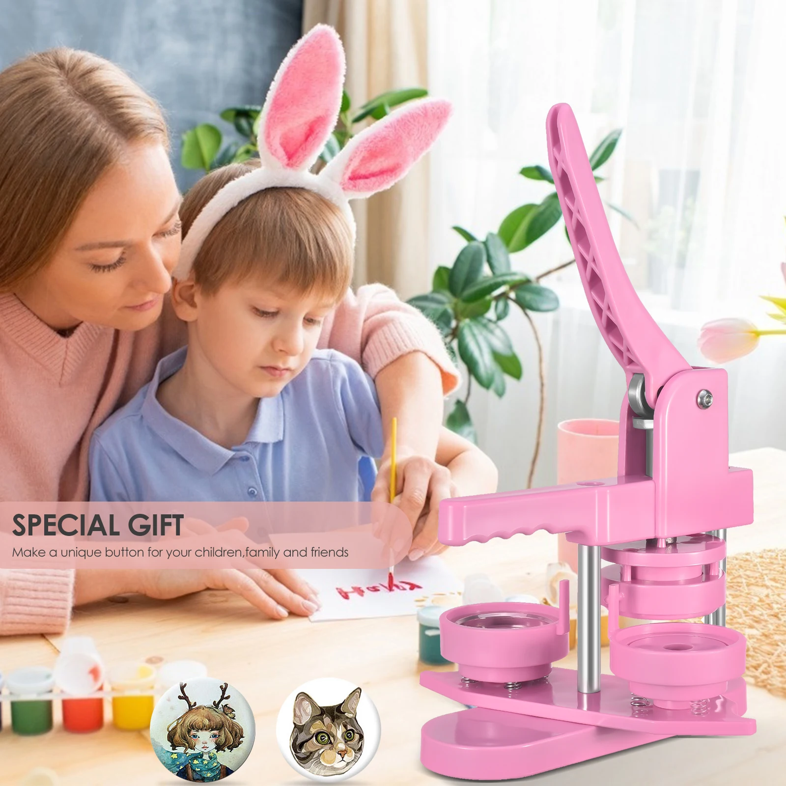 

Pink 58mm Button Maker Badge Punch Press Machine With 100 Parts Cutter Button Making Machine Button Maker Machine