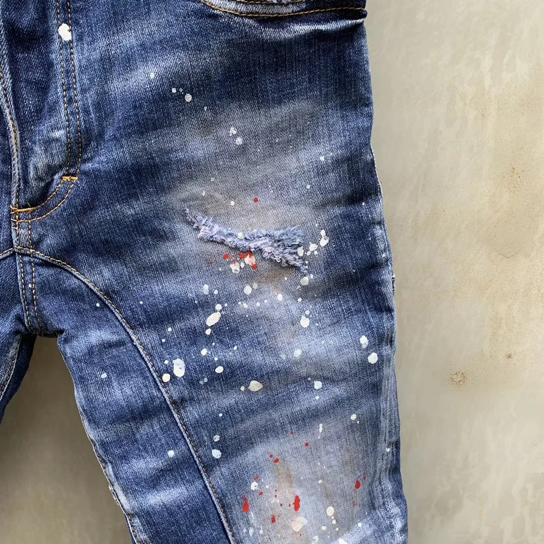 DSQUARED2 Men's/Women Fashion Stitching Three-Dimensional Cut Micro-Elastic Hole Patch Paint Distressed Stretch Jeans T95