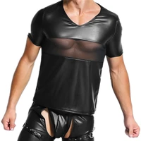 sexy mens undershirts mesh shirt underwear tops pu leather pants wetlook t shirts leather men club wear dance men clothes set