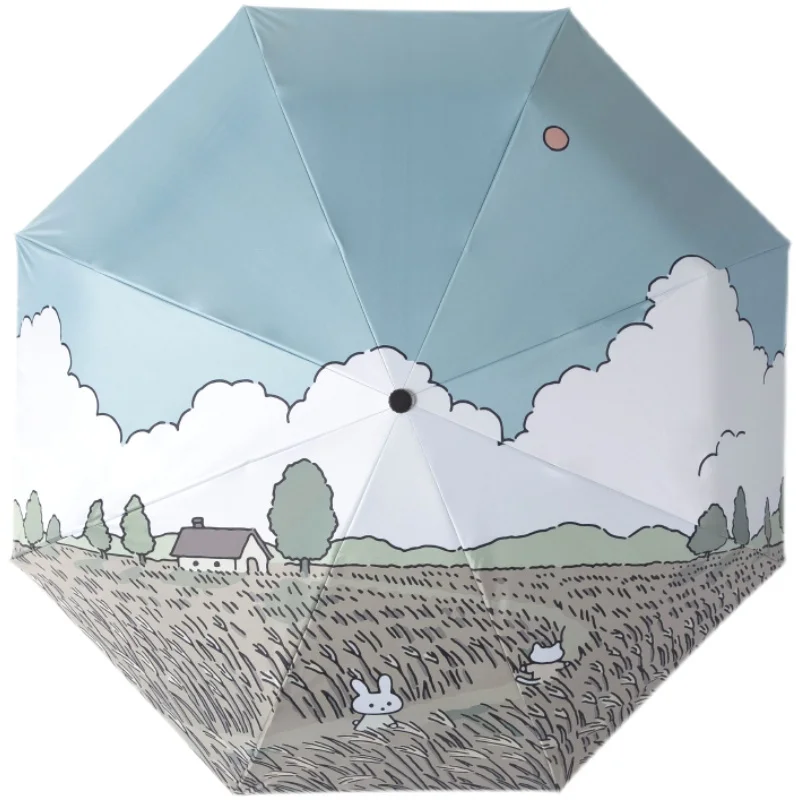 

Fresh illustrations Folding Umbrella Black Coating Girls's Sun Umbrellas Printing Farmland Windproof Parasol Anti-UV Umbrellas