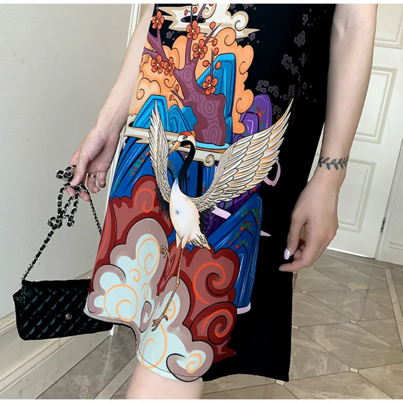 

Plus Size M-4XL Fashion Modern Trend Cheongsam Dress for Women Summer Black Short Sleeve Qipao Traditional Chinese Clothing