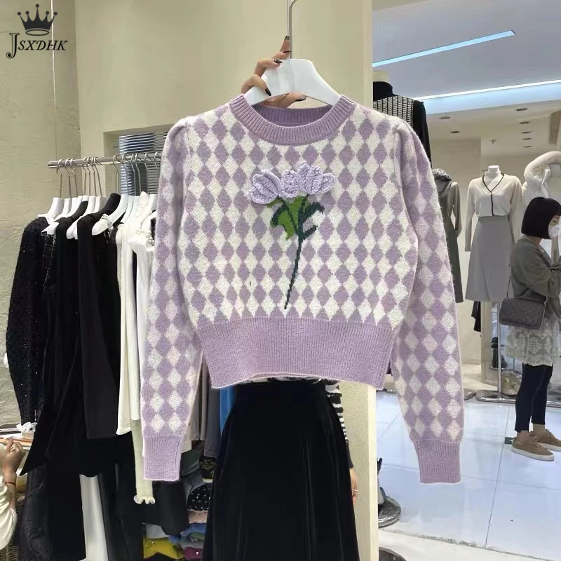 

Korean Retro Geometric Flower Embroidery Short Wool Sweater Women Pullover Casual High High-end Long Sleeve Wildplaid knit Tops
