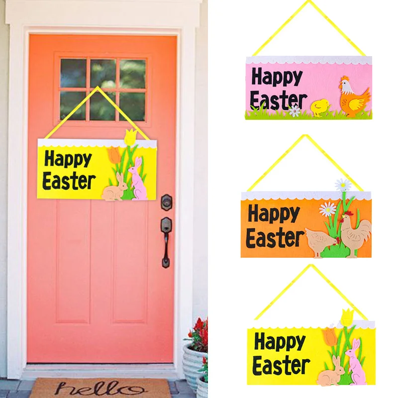 

Happy Easter Felt Hanging Sign Banner Chicken Rabbit Hanging Plaque Ornaments Easter Party Home Door Wall Decoration Garland