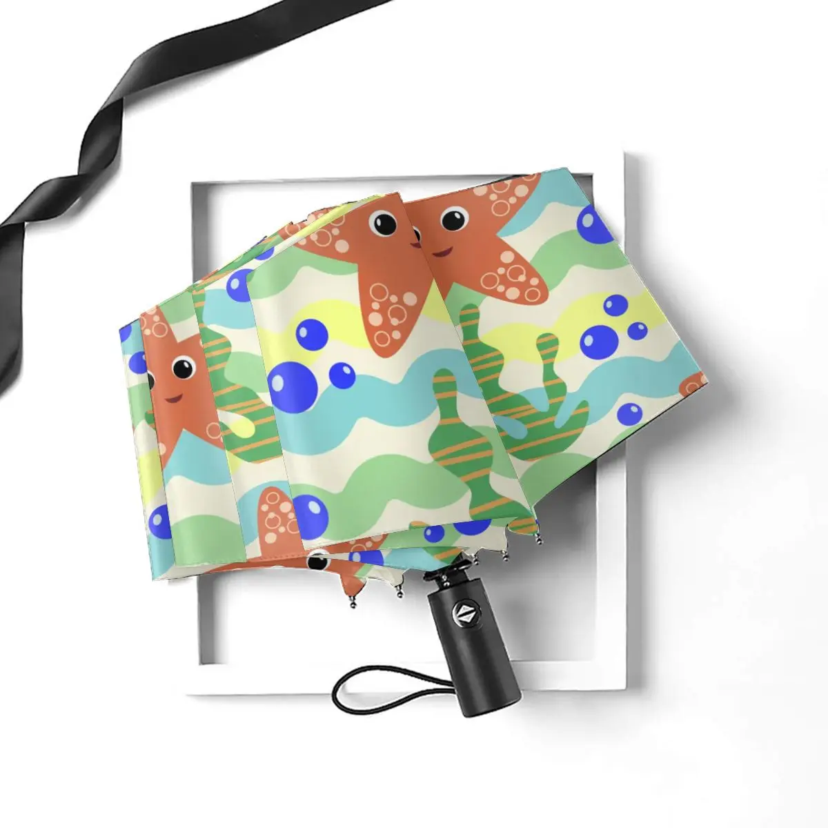 Online Ombrello Automatico Da Pioggia Per Donna Modello Marino A Tre Pieghe Con Stella Marina E Alghe Ombrello Antivento Parasole Impermeabile Femminile