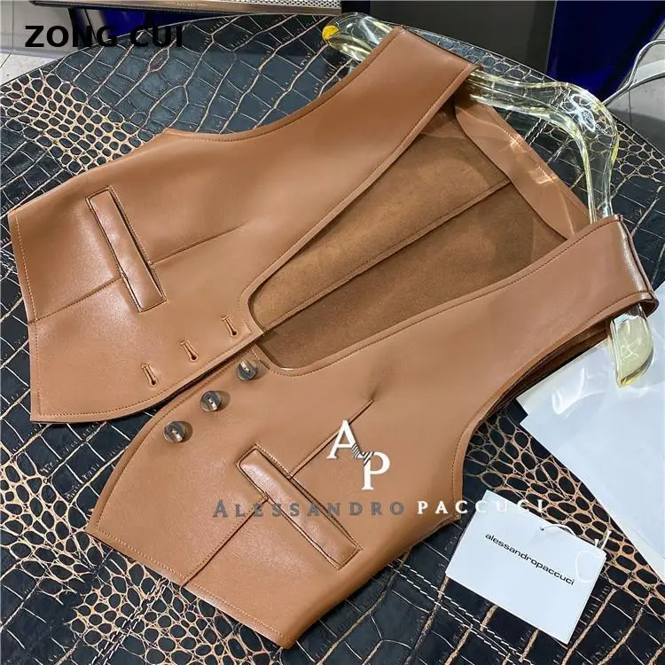 

Autumn Women Pu Vest Coat Elegant Retro Sleeveless Button Tank Tops Leather Top