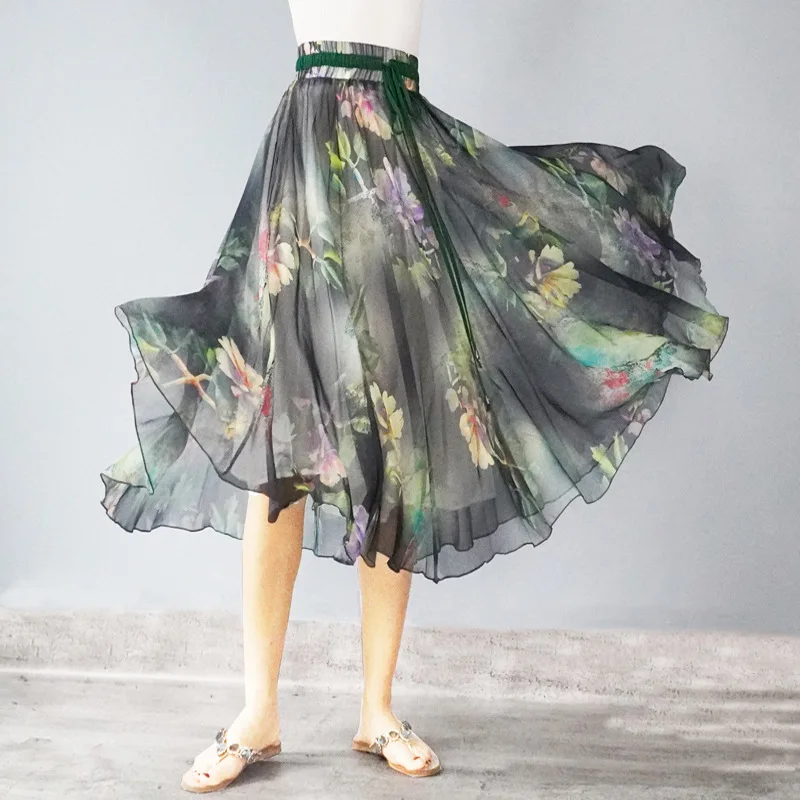 

Chiffon Printed Floral Skirt for Women 2021 Summer Bohemian Plus Size Casual Fashion Super Club Party High Waist Swing Skirts