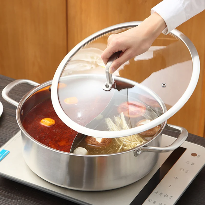 

304 Stainless Steel Pot Hotpot Induction Cooker Gas Stove Compatible Pot Home Kitchen Cookware Soup Cooking Pot 2 Flavor Divided