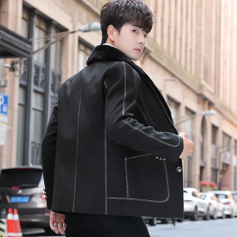 

Woolen Men's Short Coat Fake Fur Collar Mens Wool Trench Jackets 2021 Winter Thicker Warm Business Casual Steetwear Windbreaker