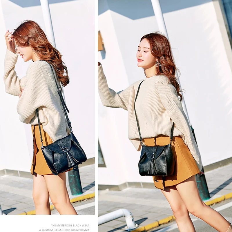 Лидер продаж кожаная женская сумка мессенджер повседневная через плечо черная с