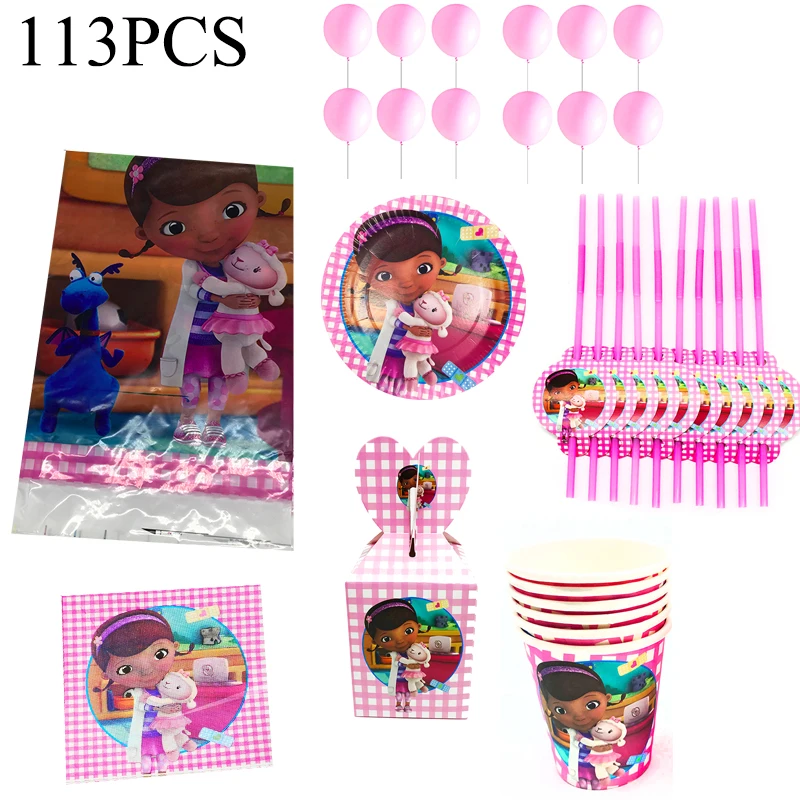 

113pcs Doc McStuffins Birthday Party Tableware Set Disposable Plates Cups Napkins Tablecloths Straws Baby Shower Decorations