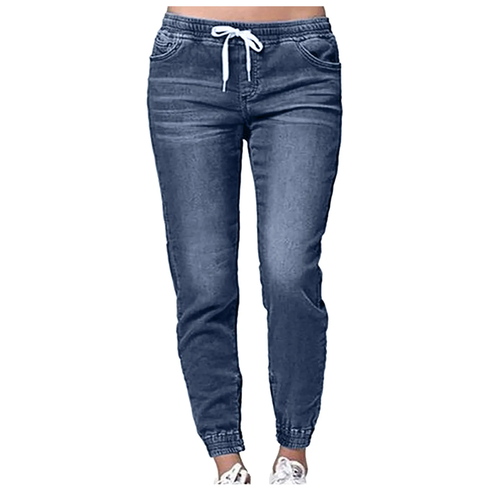 

Drawstring Denim Jeans For Women Ripped Hole Stretch Jean Ladies Full Length Pencil Pants Y2k Jeans Loose Blue Washed Mom Jeans