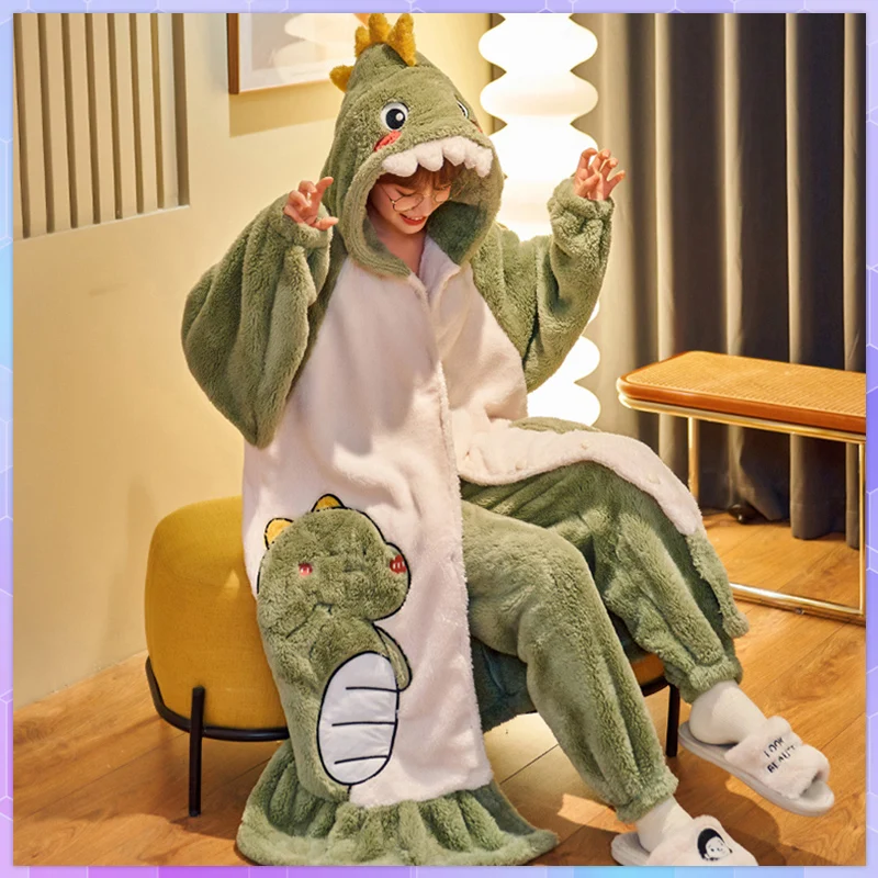 Халат с динозавром Женский зимний плотный теплый халат одежда для сна