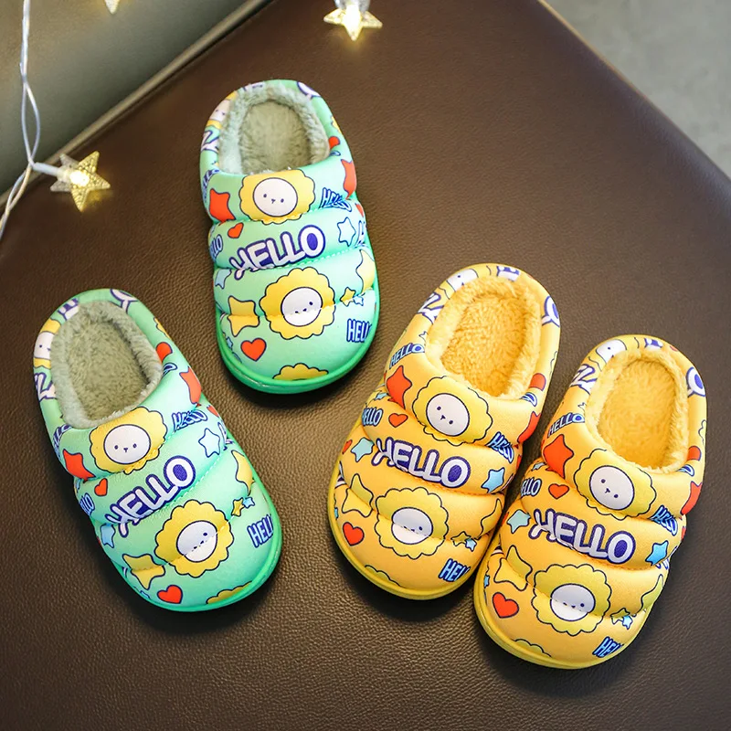 

Winter Plush Warm Floor Shoes For Children Soft Anti Slip Boys Girls House Slippers Fashion Cartoon Lion Pattern Kids Slippers