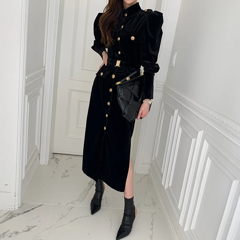

Slim Korean Dresses Female Lady Elegant Vestidos New Autumn Winter Velvet Women Maxi Dress Long Sleeve Single Breasted