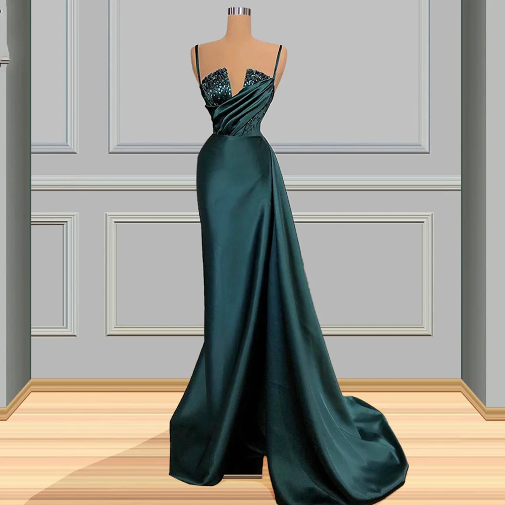 

Зеленые Вечерние платья на бретелях-спагетти 2021, платья-русалки с V-образным вырезом и бусинами, атласное элегантное праздничное платье до п...