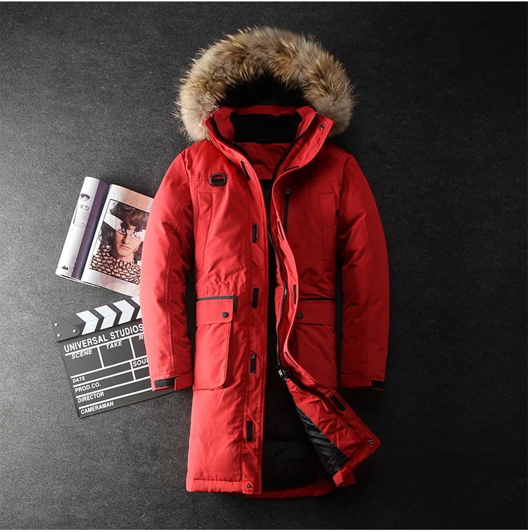 red Пуховики мужские зимние куртки мужские модные длинные толстые теплые парки меховые белые пуховики на утином пуху повседневные мужские водонепроницаемые пуховики - Color: red