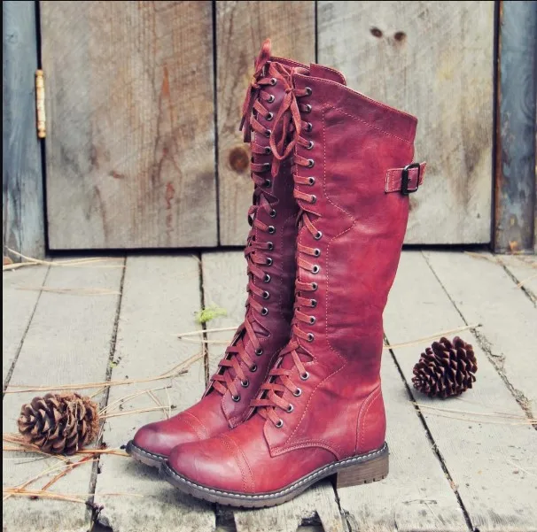 

Large size autumn winter 2020 new fashion round head low heel high tube cross strap boots