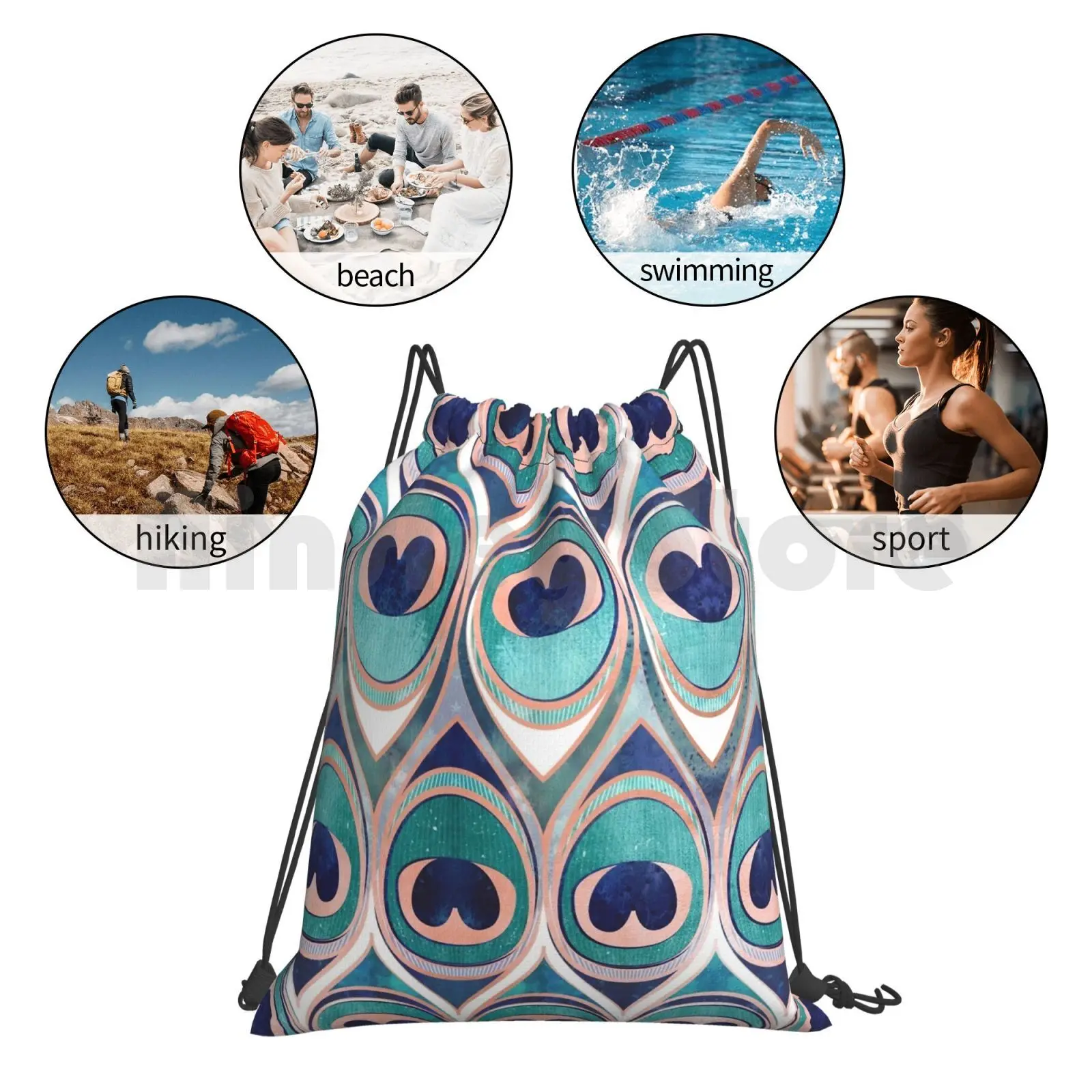 

Peacock Feathers Eye / / Teal Blue And Metal Coral Rose Backpack Drawstring Bag Riding Climbing Gym Bag Feathers