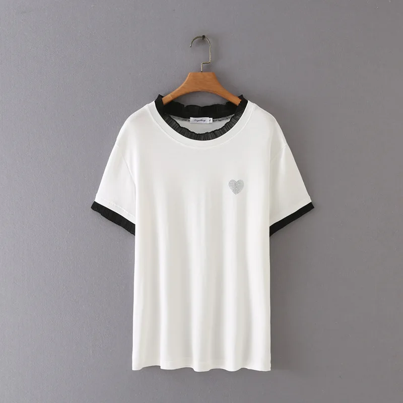 

Summer T-Shirt Women Clothes Tees 2021 Casual Plus Size Tops Short Sleeve Hot Drilling Love Heart Lace Camiseta Mujer