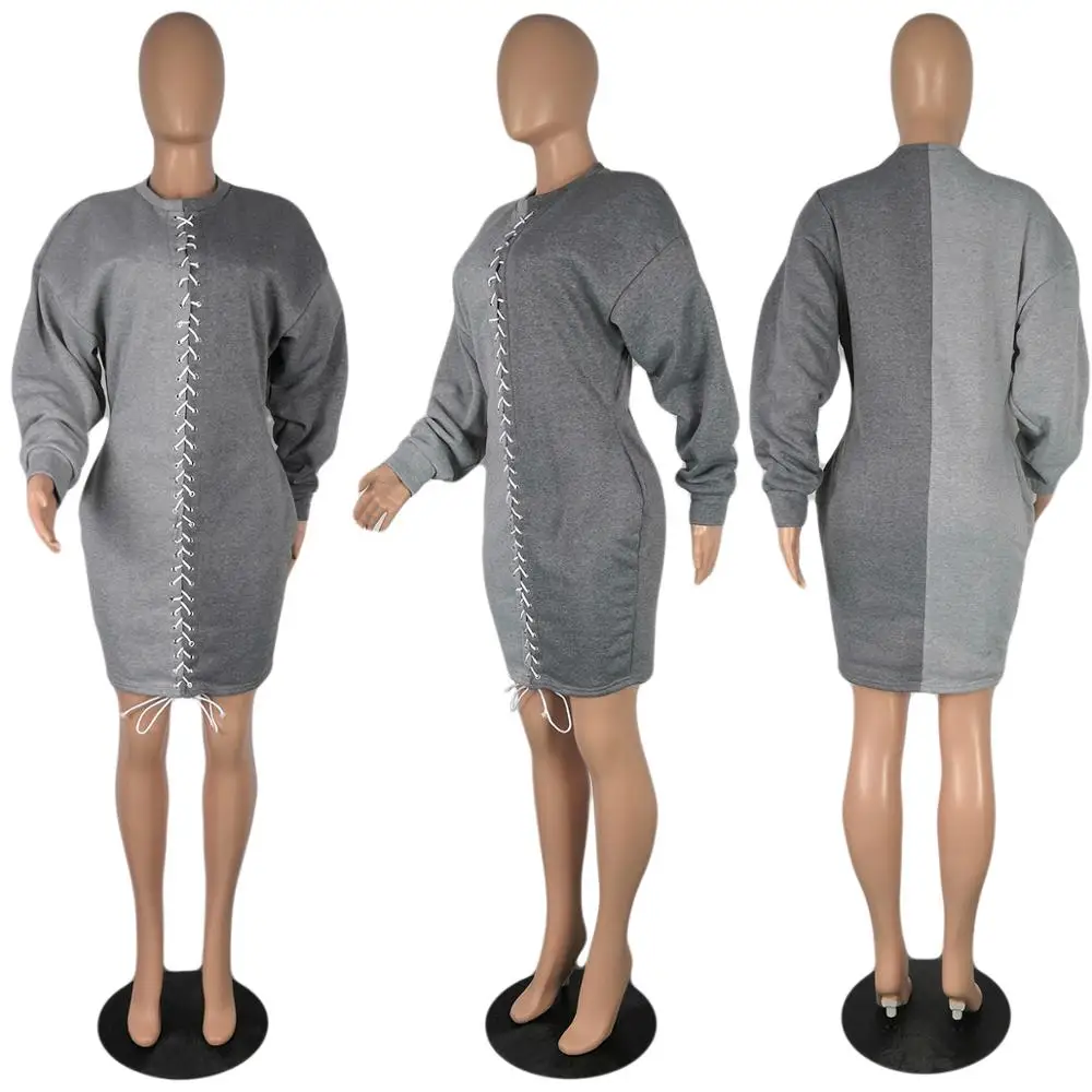 

2020 Autumn Winter Women Winter Dresses Bandage Long Sleeve Dresses Contrast Color Long Sleeve Casual Mini Dress S-4XL