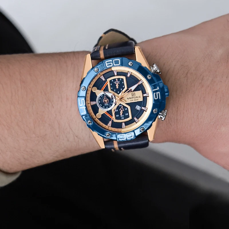 

NAVIFORCE модные новые мужские часы спортивные мужские наручные часы военный хронограф светящиеся стрелки из натуральной кожи Starp кварцевые мужские часы