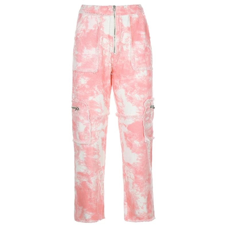 

Women High Waist Zipper Jeans Tie-Dye Distressed Tassel Cargo Pants with Pockets