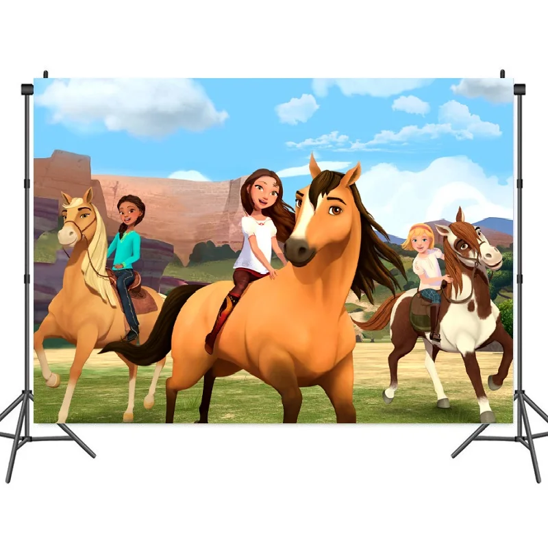 

Spirit Horse Party Theme Photography Background Riding Baby Shower Kids Birthday Dinner Table Backdrops Studio Video Banner