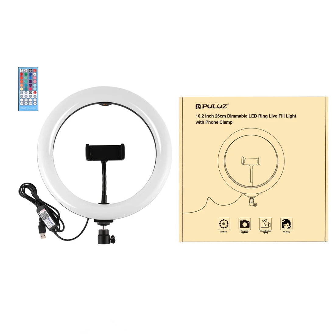 

PULUZ Curved Surface USB RGBW Dimmable LED Ring Vlogging Photography Video Lights with Tripod Ball Head & Remote Control