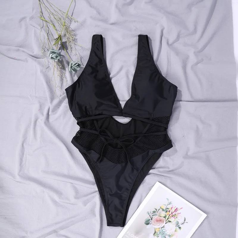 

Swimsuit black mesh hollow lace one-piece swimsuit sleeveless sexy elastic tight swimsuit