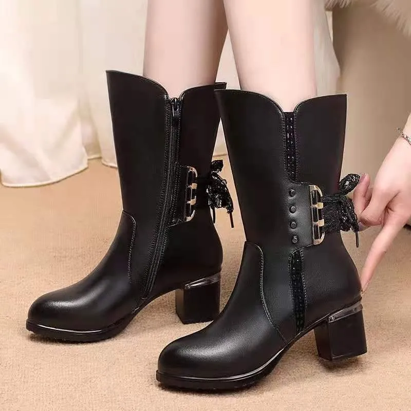 

Women Fashion Zipper Mother's Cotton Boots 2021 Winter New Women's Middle Tube Boots Women Plush Warm High Heel Riding Boots