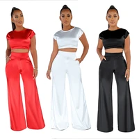 satin 2 piece set women short sleeve crop top and wide leg long pants set sexy tracksuit club outfits elegant matching sets
