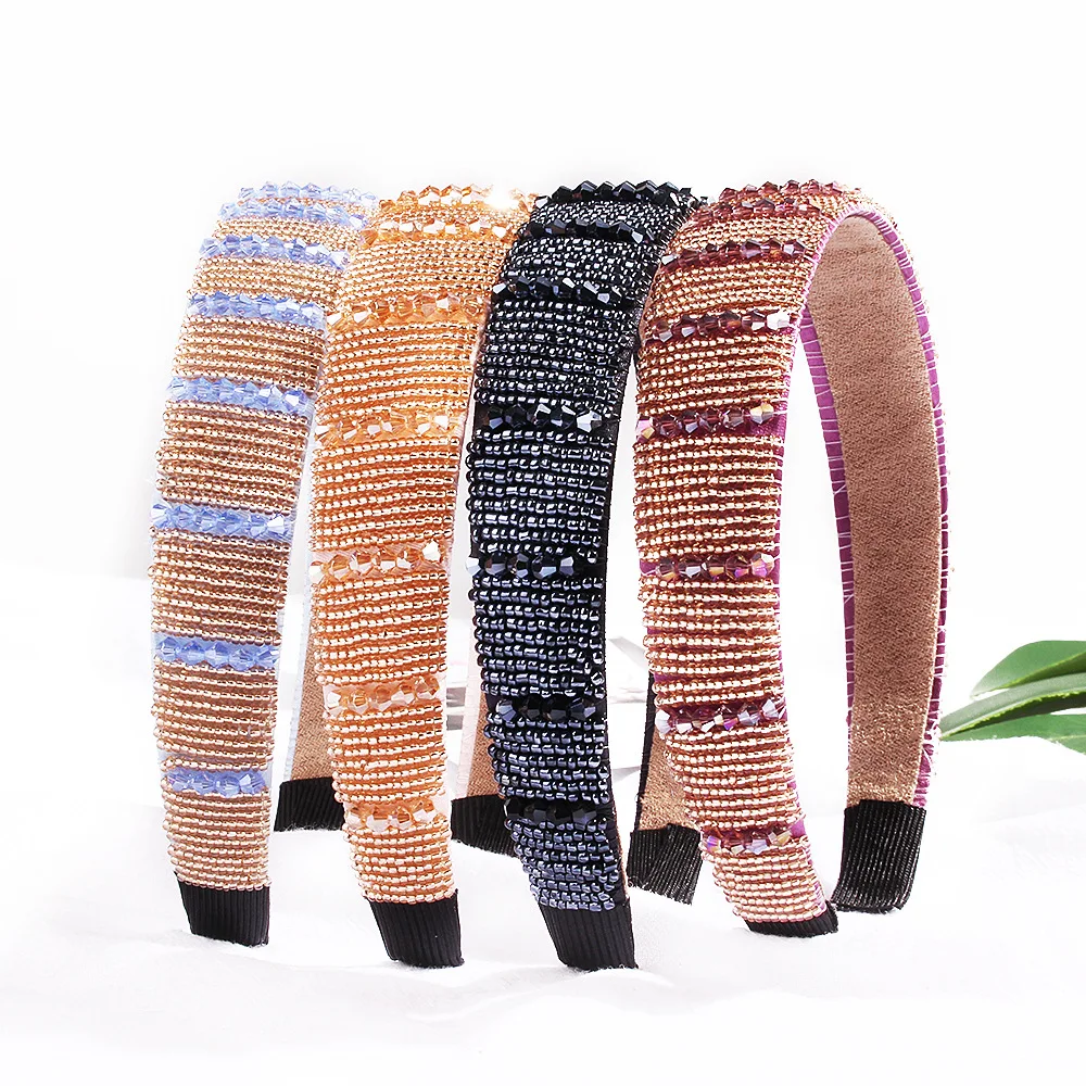 

3PCS 2.5cm Mini beads covered plastic headbands for women girls crystal stones knitted hair hoops