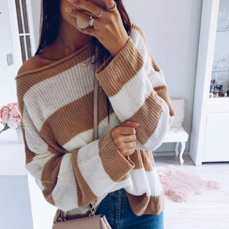 LuckBN полосатая Свободная Женская одежда свитер пуловер Осень Зима Новое поступление Джемперы цвета хаки Вязаные Свитера Женские Pull Femme