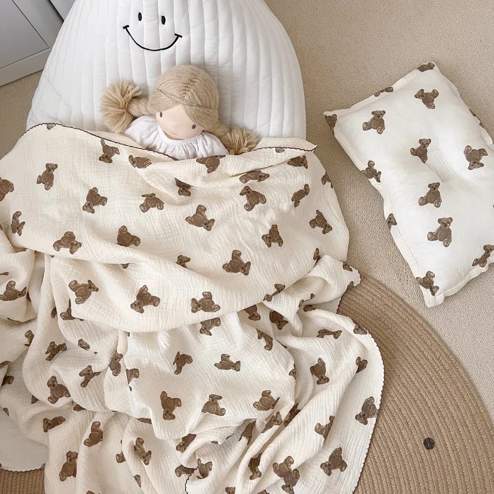 Супермягкое хлопковое муслиновое одеяло с принтом медведя Тедди, милые детские пеленки, банное полотенце для новорожденных, детское одеяло...