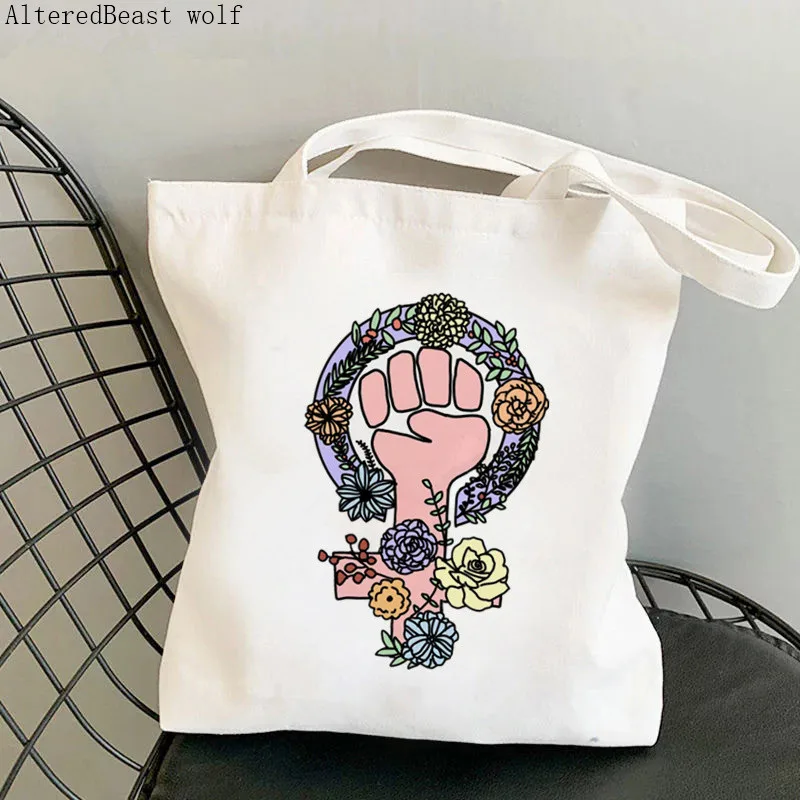 

Women Shopper bag feminist flower Girl Power Bag Harajuku Shopping Canvas Shopper Bag girl handbag Tote Shoulder Lady Bag