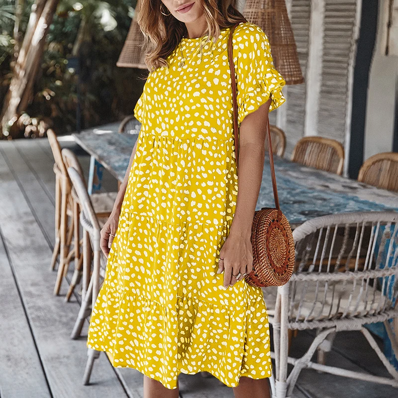 

Short Sleeve Polka Dot Print Dress Round Neck Ruffles Butterfly Sleeves Knee-length Skirt High Waist Leisure Women Clothes
