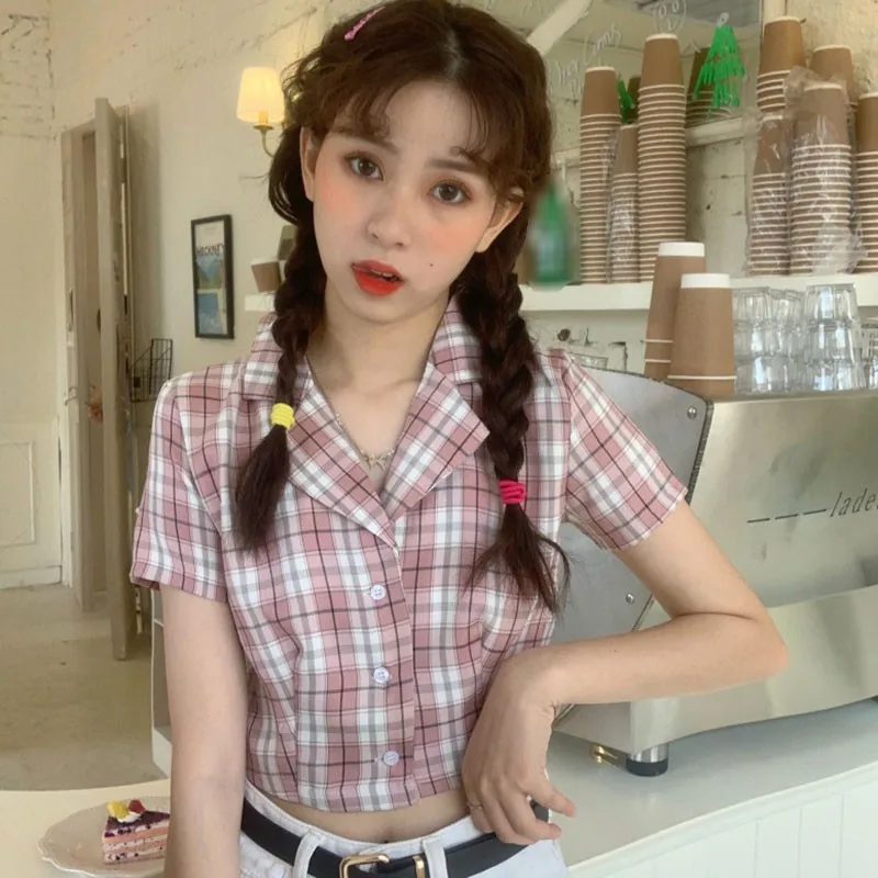 

Summer Women Tops Plaid Short Sleeve Blouse Crop Tops Korean Female Casual Turn-down Collar Short Shirts New Fashion W1