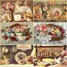 GATYZTORY 40x50cm Painting By Numbers Flower Tea Set Kits For Adults Unique Gift Landscape Picture By Number Kitchen Home Decor