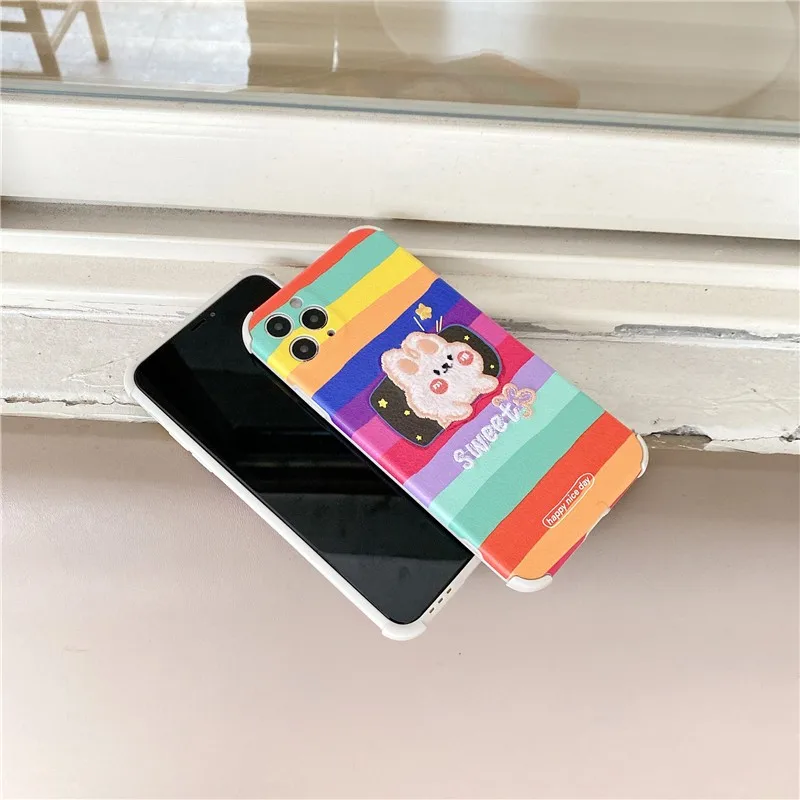 

Embroidery Painted rabbit soft Case For iPhone 11 12 Pro Max mini 7 8 Plus XR X XS MAX SE 2 pu leather girl phone cover fundas