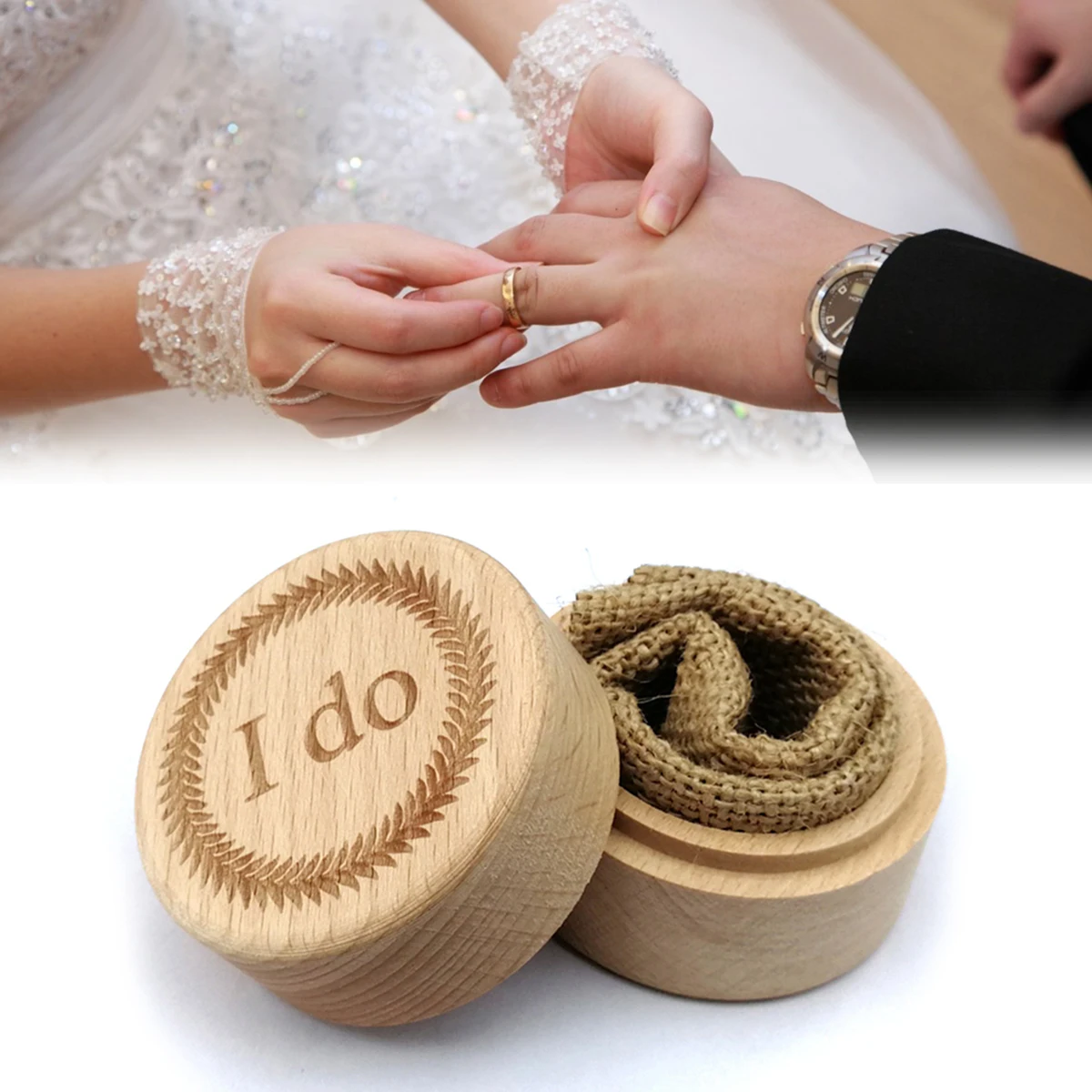 Винтаж деревянная круглая коробочка для кольца свадьбы Обручение деревенский