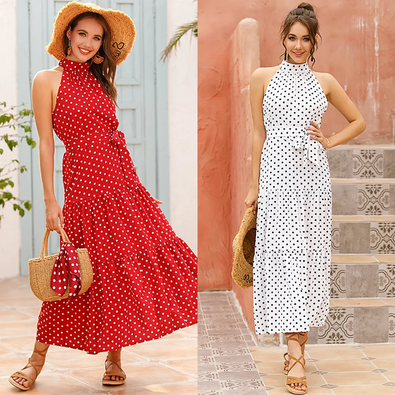

New Summer Women's Dress 2020 Elegant Beach Long Print Flowers Polka-dot Strap Halter Boho Dresses Vintage Party Ladies Clothing
