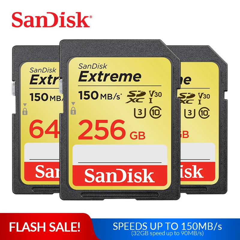 Карта памяти SanDisk Extreme SDHC/SDXC SD карта 4K UHD 32 Гб 64 128 ГБ C10 U3 V30 150 МБ/с. (32 Гб: 90 МБ/с.) UHS I