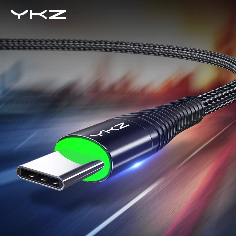 USB Type C кабель YKZ 3A светодиодный для быстрой зарядки и передачи данных шнур