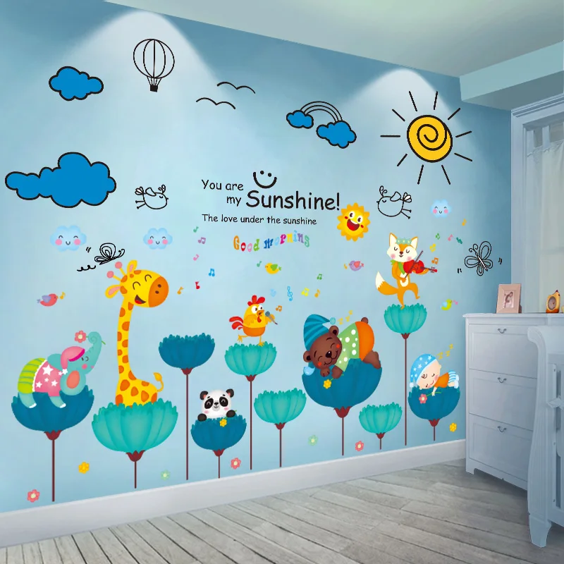 [SHIJUEHEZI] Мультяшные Животные наклейки на стену DIY Coulds солнце Наклейки на стены для дома детская комната Детская Спальня украшение